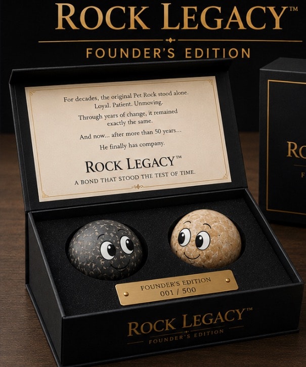 ROCK LEGACY™ Founder's Edition — open black gift box with two stone characters and certificate, numbered 001/500